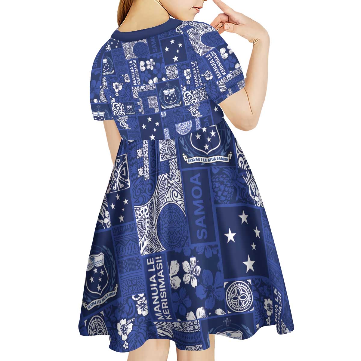 Blue Samoa Manuia Le Kerisimasi Kid Short Sleeve Dress Pacific Patchwork Xmas Vibes - Polynesian Pride