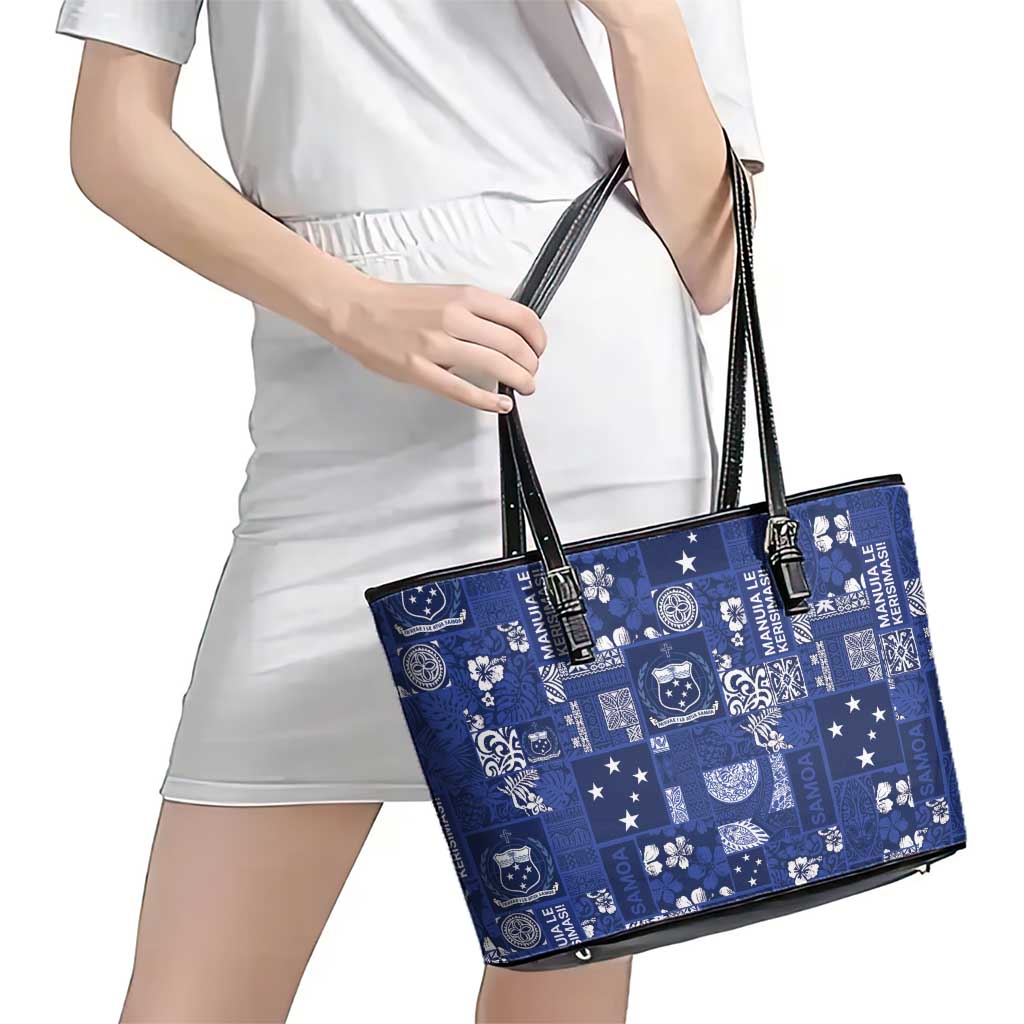 Blue Samoa Manuia Le Kerisimasi Leather Tote Bag Pacific Patchwork Xmas Vibes - Polynesian Pride