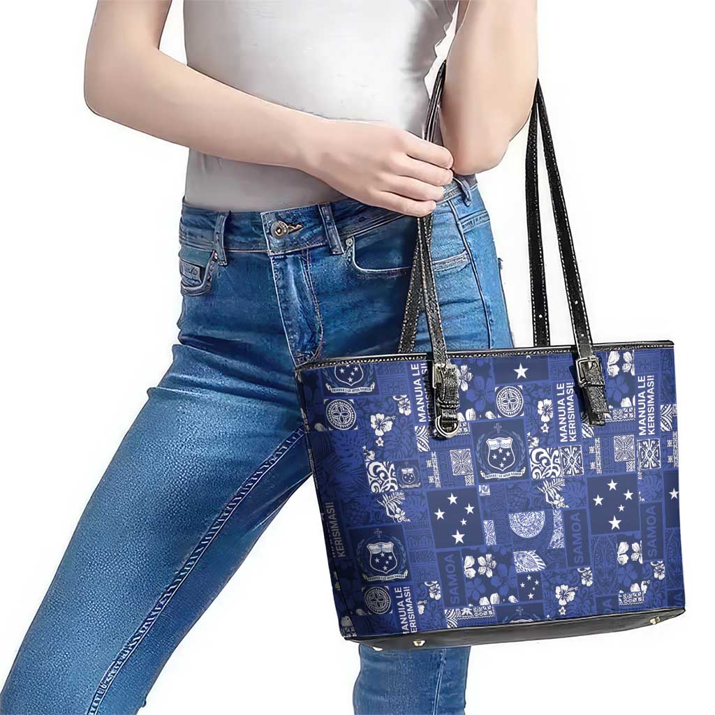 Blue Samoa Manuia Le Kerisimasi Leather Tote Bag Pacific Patchwork Xmas Vibes - Polynesian Pride
