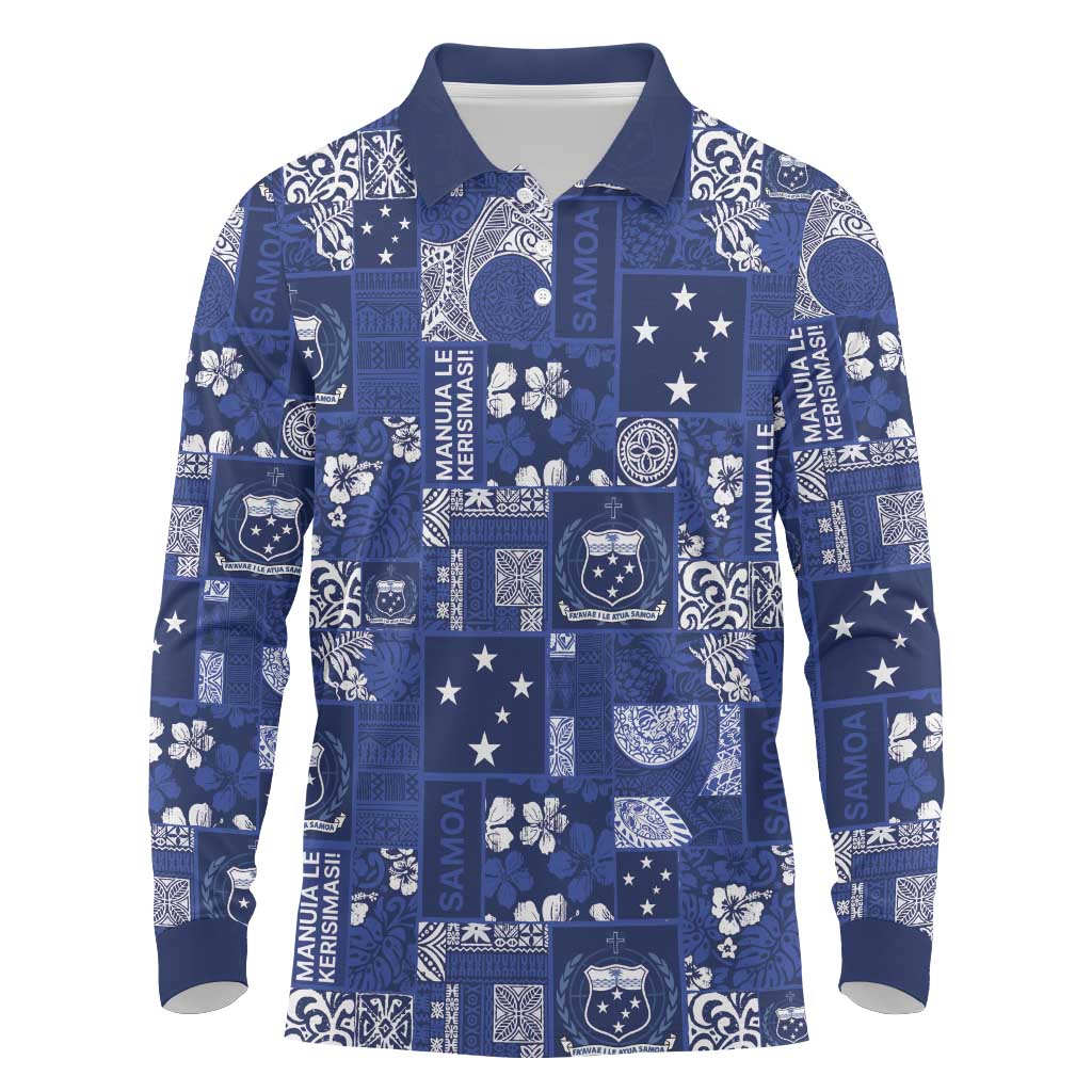 Blue Samoa Manuia Le Kerisimasi Long Sleeve Polo Shirt Pacific Patchwork Xmas Vibes LT9 Blue - Polynesian Pride