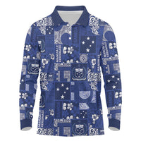 Blue Samoa Manuia Le Kerisimasi Long Sleeve Polo Shirt Pacific Patchwork Xmas Vibes LT9 Blue - Polynesian Pride