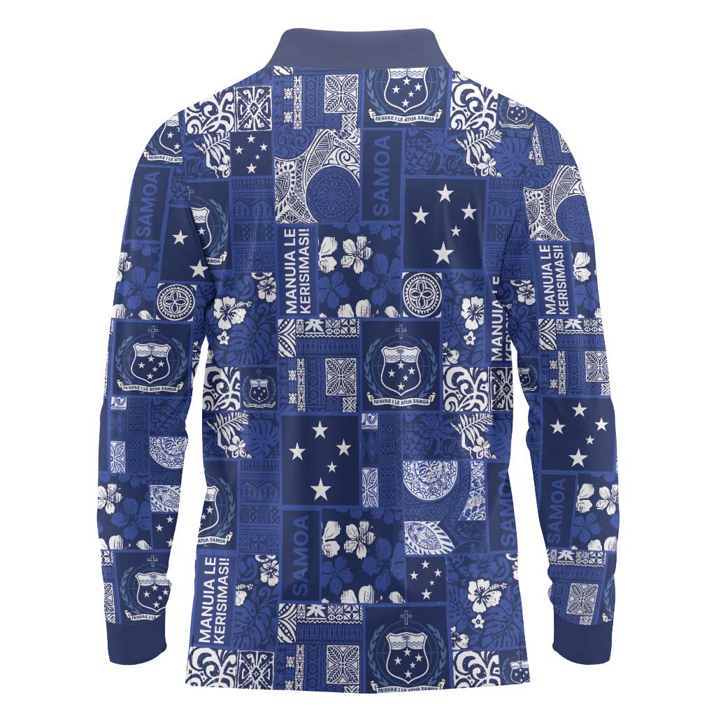 Blue Samoa Manuia Le Kerisimasi Long Sleeve Polo Shirt Pacific Patchwork Xmas Vibes LT9 - Polynesian Pride