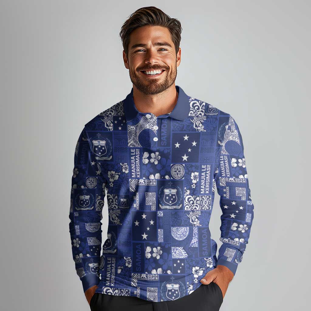 Blue Samoa Manuia Le Kerisimasi Long Sleeve Polo Shirt Pacific Patchwork Xmas Vibes LT9 - Polynesian Pride