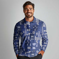Blue Samoa Manuia Le Kerisimasi Long Sleeve Polo Shirt Pacific Patchwork Xmas Vibes LT9 - Polynesian Pride
