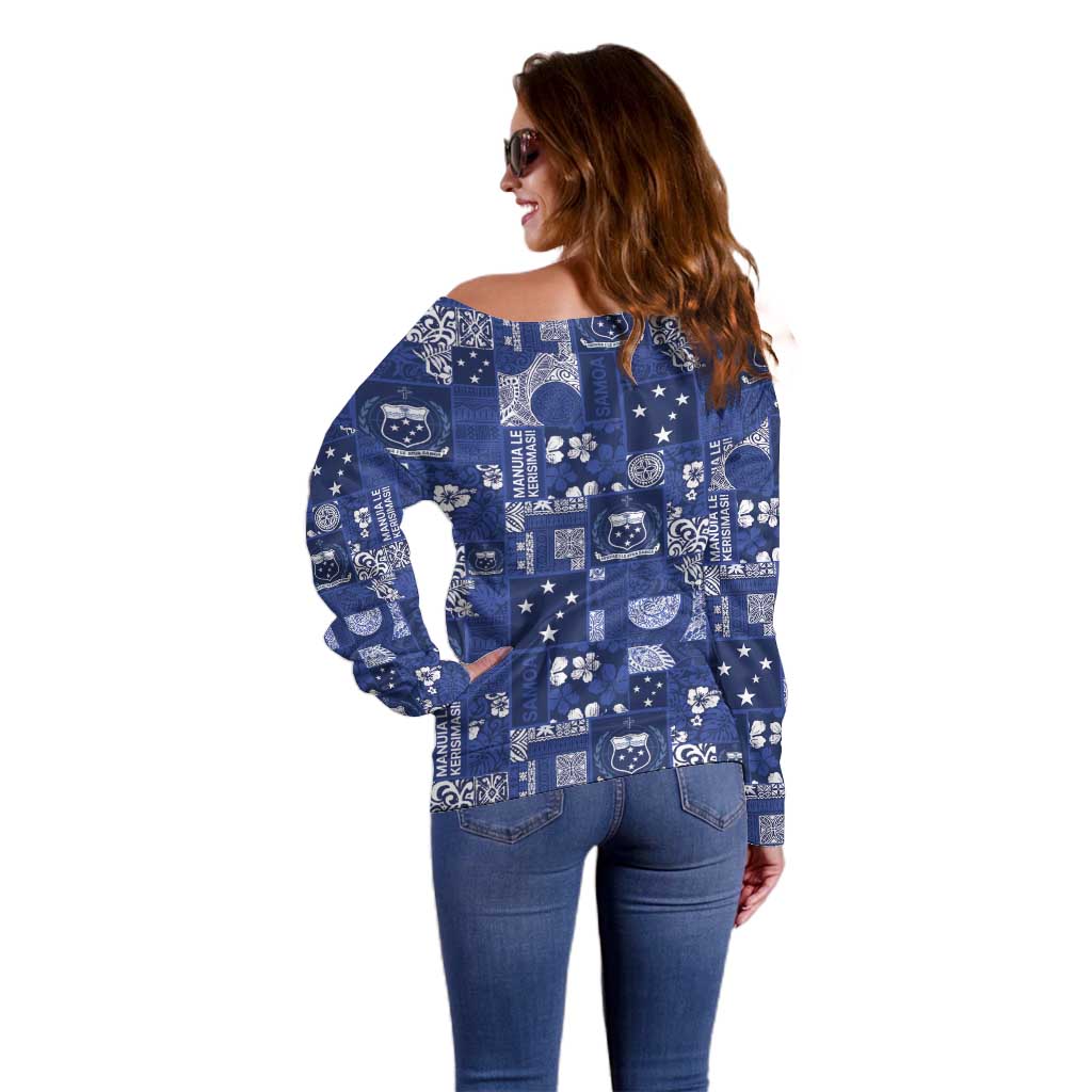 Blue Samoa Manuia Le Kerisimasi Off Shoulder Sweater Pacific Patchwork Xmas Vibes - Polynesian Pride