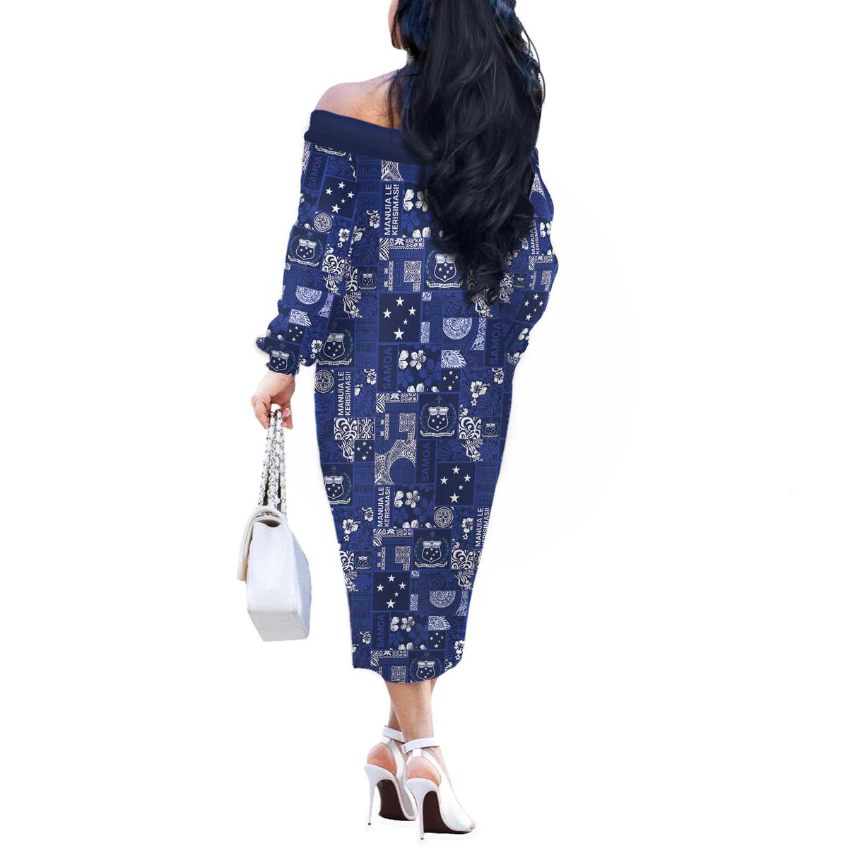 Blue Samoa Manuia Le Kerisimasi Off The Shoulder Long Sleeve Dress Pacific Patchwork Xmas Vibes - Polynesian Pride