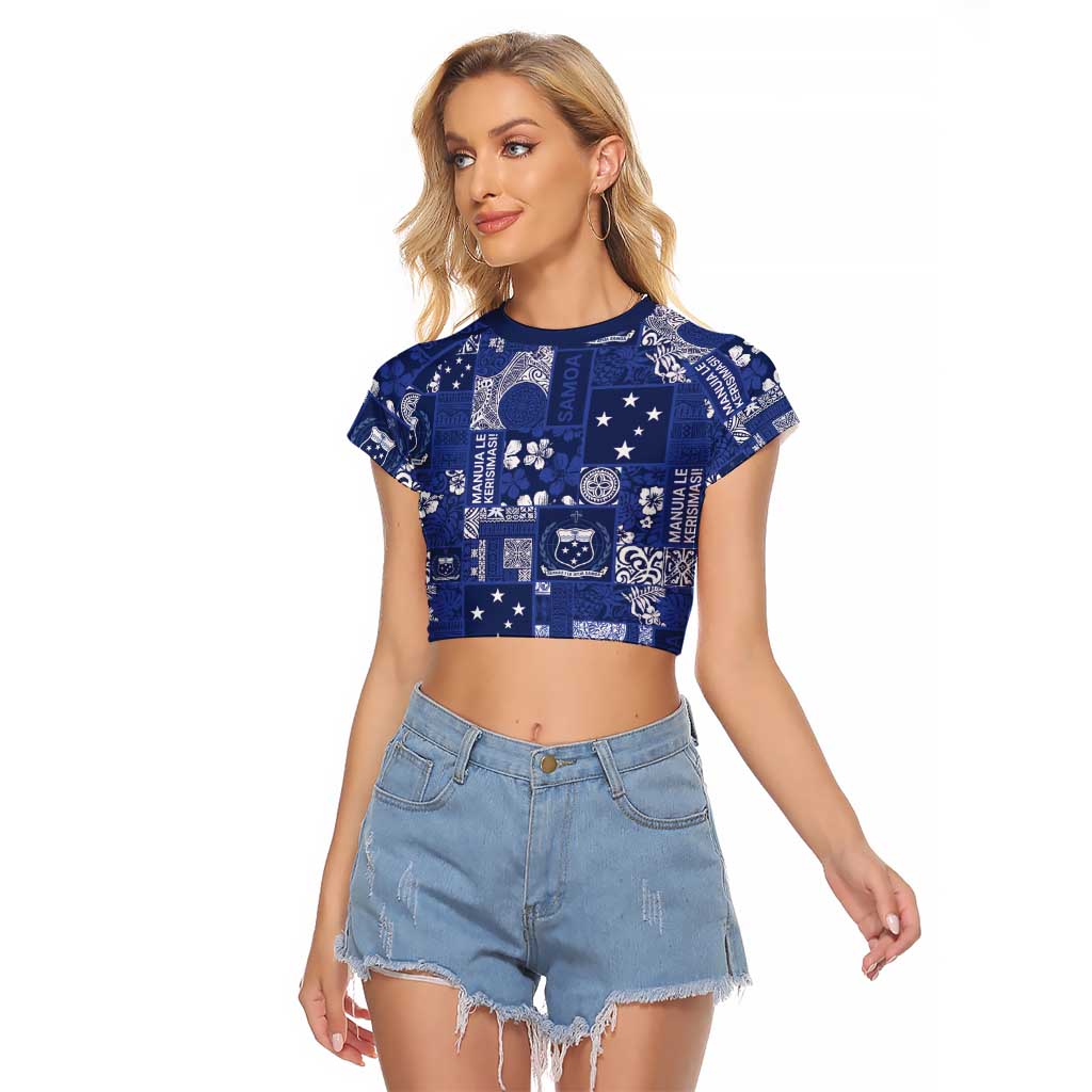 Blue Samoa Manuia Le Kerisimasi Raglan Cropped T Shirt Pacific Patchwork Xmas Vibes - Polynesian Pride