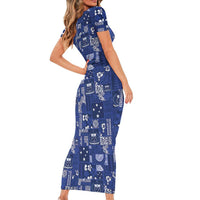Blue Samoa Manuia Le Kerisimasi Short Sleeve Bodycon Dress Pacific Patchwork Xmas Vibes - Polynesian Pride
