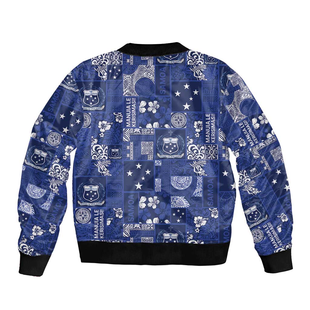 Blue Samoa Manuia Le Kerisimasi Sleeve Zip Bomber Jacket Pacific Patchwork Xmas Vibes - Polynesian Pride