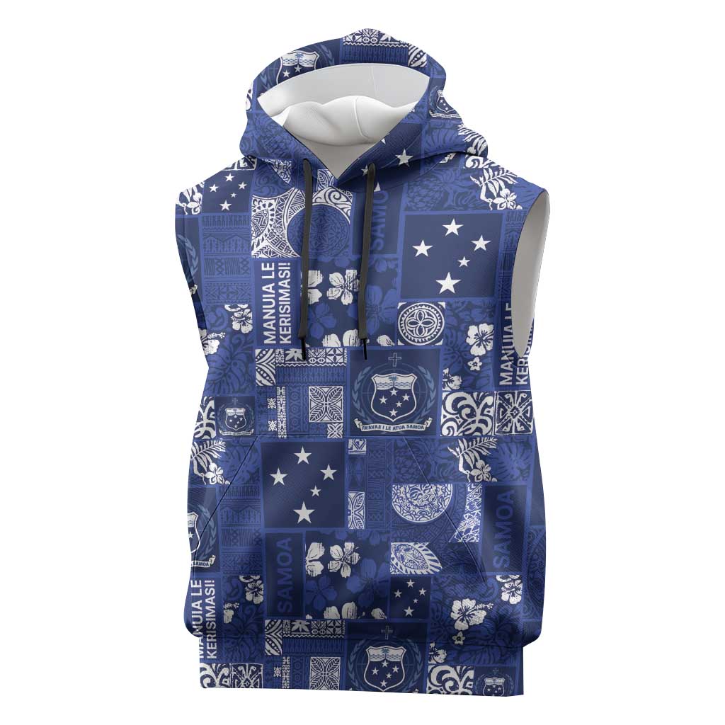 Blue Samoa Manuia Le Kerisimasi Sleeveless Hoodie Pacific Patchwork Xmas Vibes - Polynesian Pride