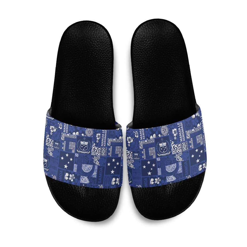 Blue Samoa Manuia Le Kerisimasi Slide Sandals Pacific Patchwork Xmas Vibes - Polynesian Pride