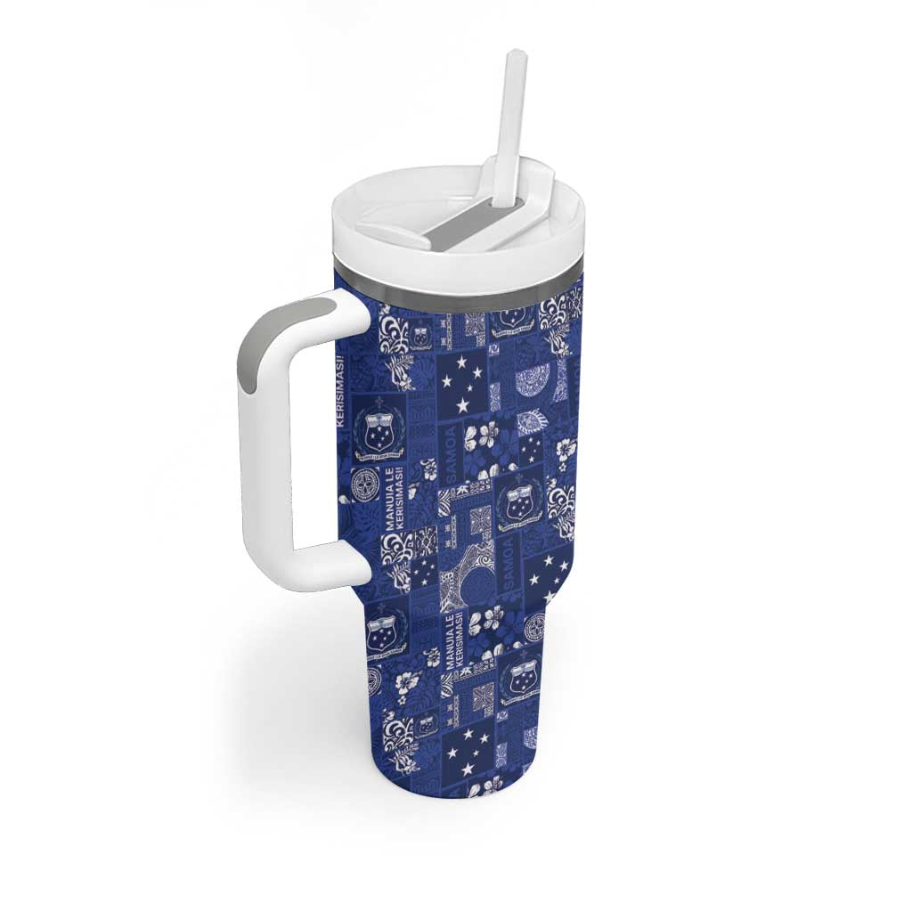 Blue Samoa Manuia Le Kerisimasi Tumbler With Handle Pacific Patchwork Xmas Vibes - Polynesian Pride
