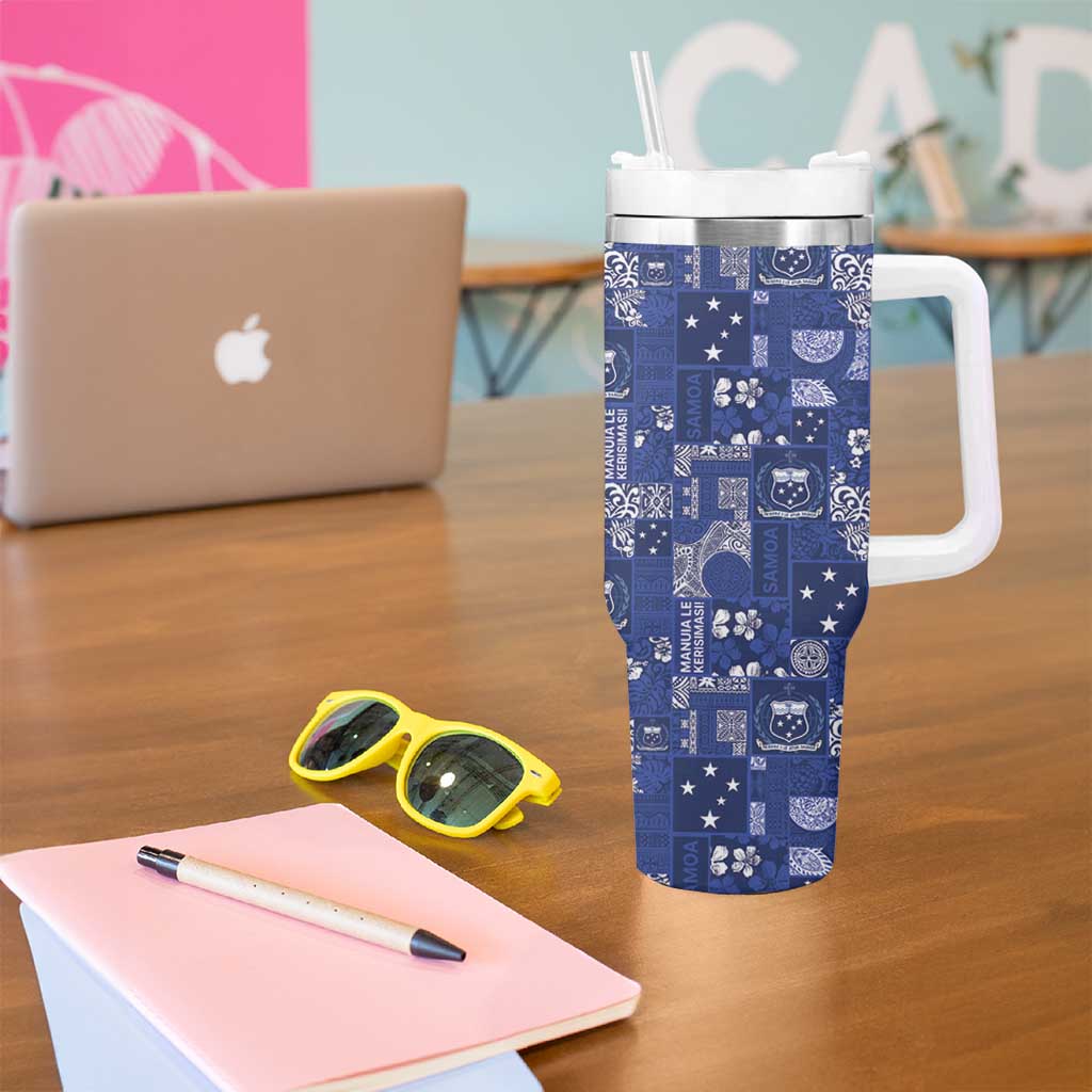 Blue Samoa Manuia Le Kerisimasi Tumbler With Handle Pacific Patchwork Xmas Vibes - Polynesian Pride