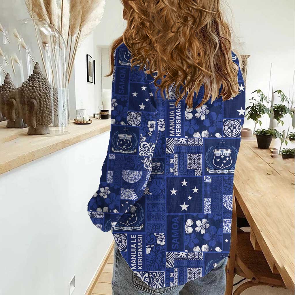 Blue Samoa Manuia Le Kerisimasi Women Casual Shirt Pacific Patchwork Xmas Vibes - Polynesian Pride