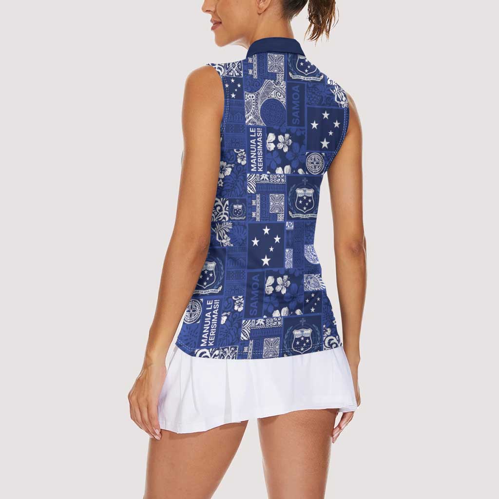 Blue Samoa Manuia Le Kerisimasi Women Sleeveless Polo Shirt Pacific Patchwork Xmas Vibes - Polynesian Pride