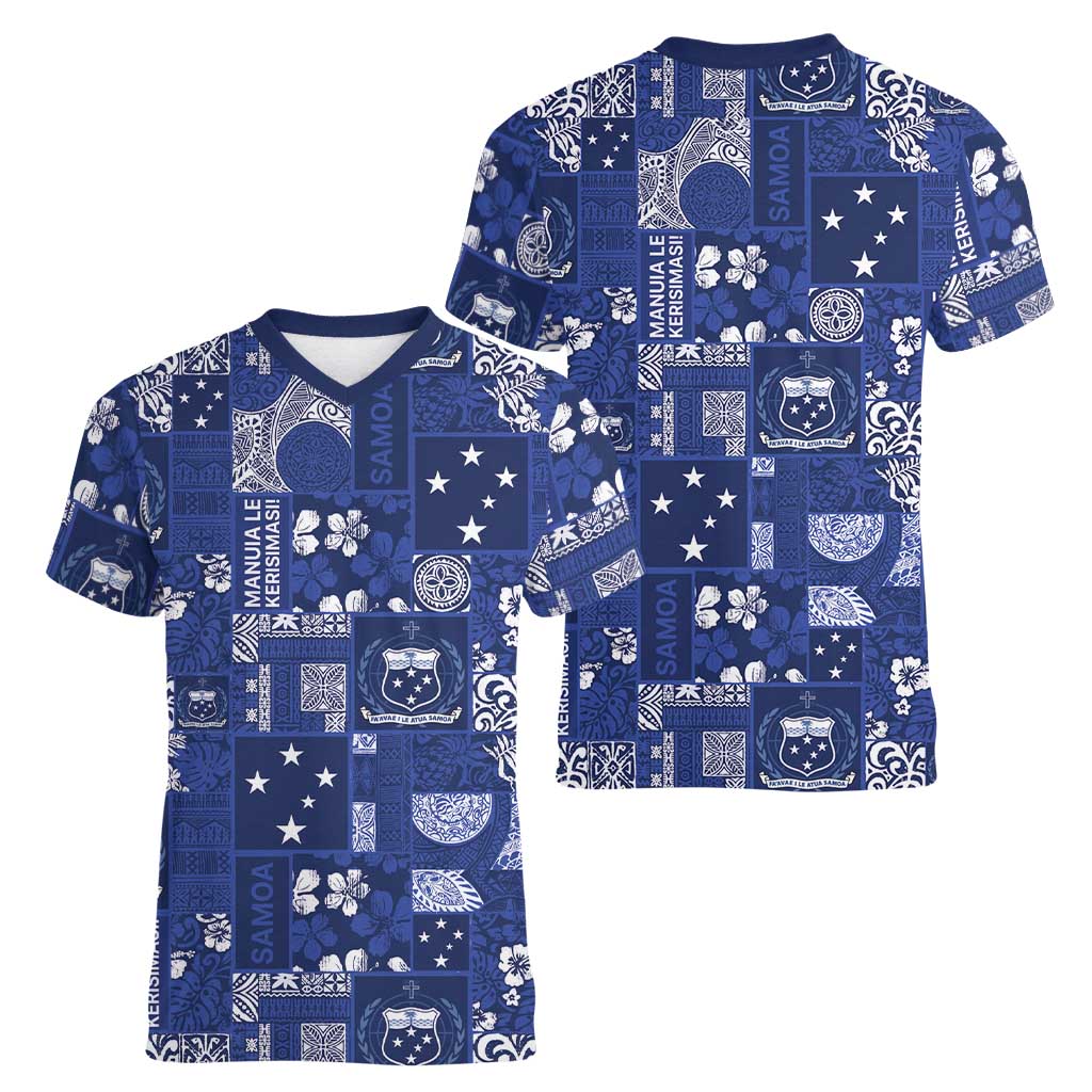 Blue Samoa Manuia Le Kerisimasi Women V-Neck T-Shirt Pacific Patchwork Xmas Vibes - Polynesian Pride