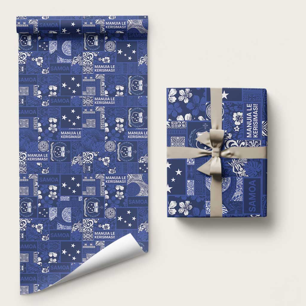 Blue Samoa Manuia Le Kerisimasi Wrapping Paper Pacific Patchwork Xmas Vibes - Polynesian Pride