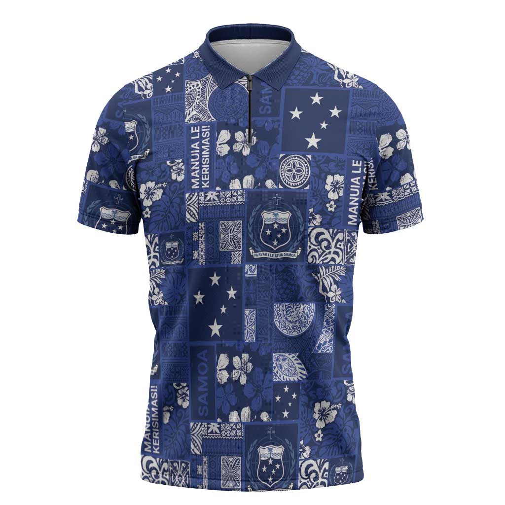 Blue Samoa Manuia Le Kerisimasi Zipper Polo Shirt Pacific Patchwork Xmas Vibes - Polynesian Pride
