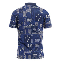 Blue Samoa Manuia Le Kerisimasi Zipper Polo Shirt Pacific Patchwork Xmas Vibes - Polynesian Pride