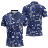 Blue Samoa Manuia Le Kerisimasi Zipper Polo Shirt Pacific Patchwork Xmas Vibes - Polynesian Pride