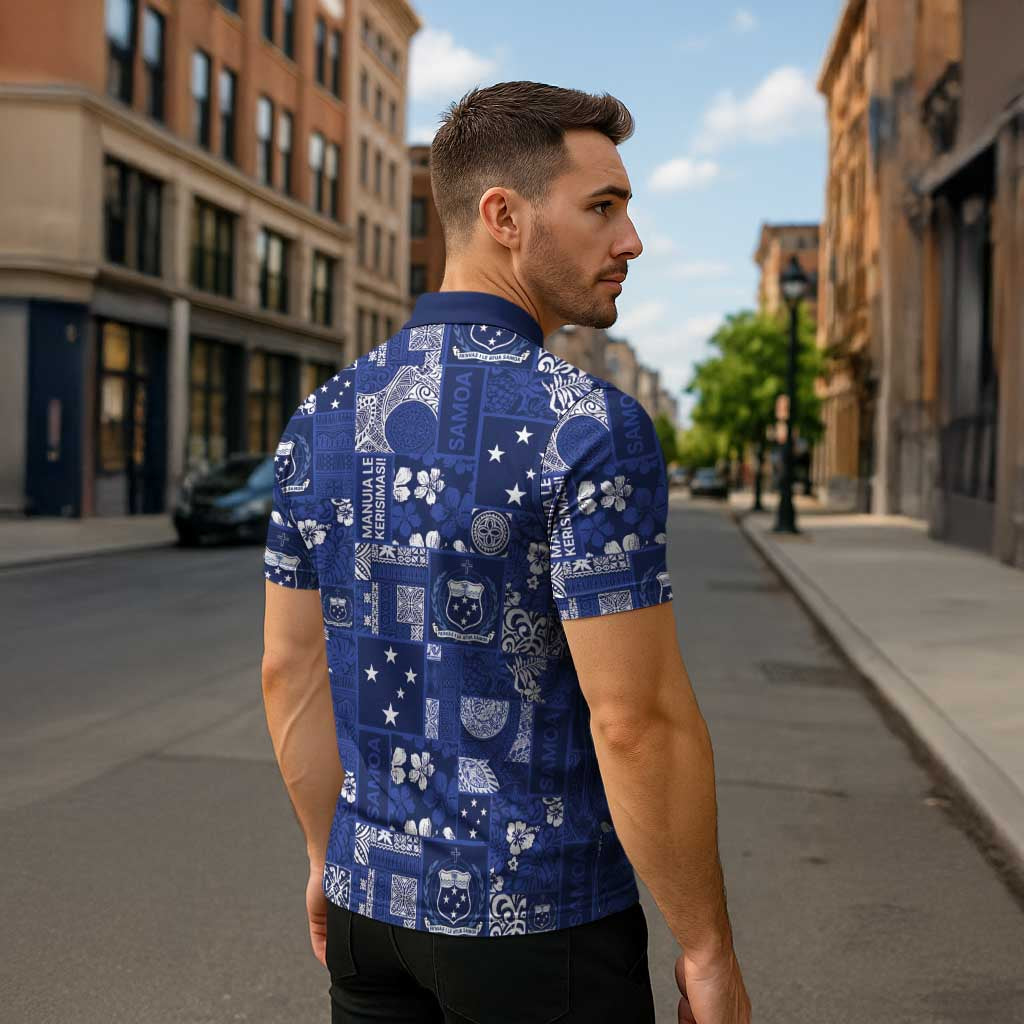 Blue Samoa Manuia Le Kerisimasi Zipper Polo Shirt Pacific Patchwork Xmas Vibes - Polynesian Pride