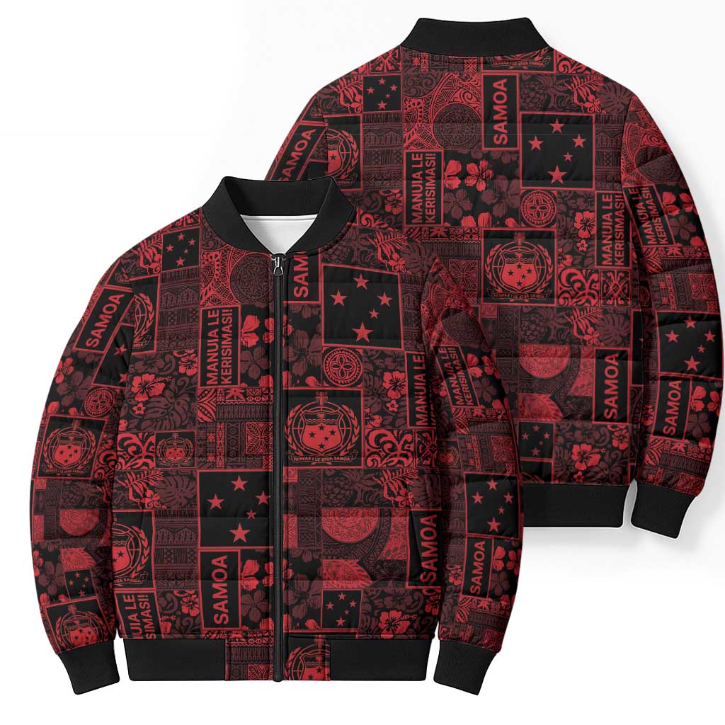 Dark Samoa Manuia Le Kerisimasi Bomber Puffer Jacket Pacific Patchwork Xmas Vibes - Polynesian Pride