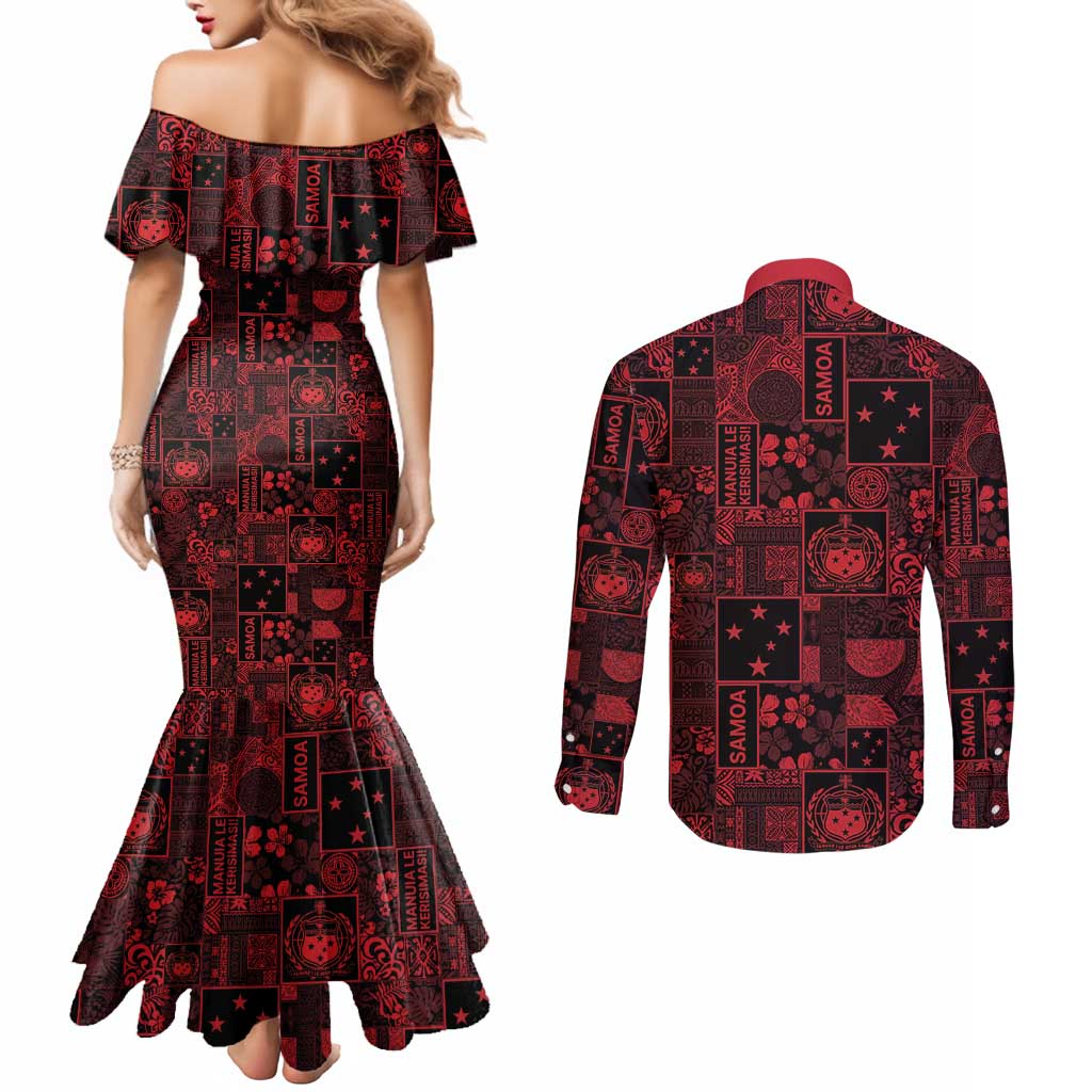 Dark Samoa Manuia Le Kerisimasi Couples Matching Mermaid Dress and Long Sleeve Button Shirt Pacific Patchwork Xmas Vibes - Polynesian Pride