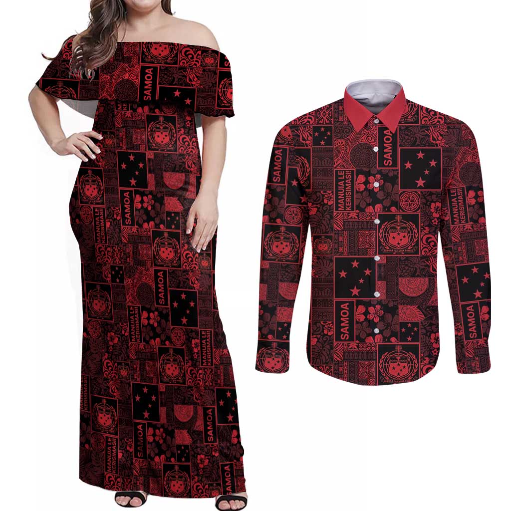 Dark Samoa Manuia Le Kerisimasi Couples Matching Off Shoulder Maxi Dress and Long Sleeve Button Shirt Pacific Patchwork Xmas Vibes LT9 Red - Polynesian Pride