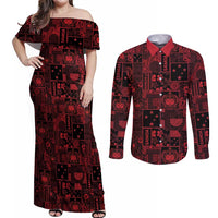 Dark Samoa Manuia Le Kerisimasi Couples Matching Off Shoulder Maxi Dress and Long Sleeve Button Shirt Pacific Patchwork Xmas Vibes LT9 Red - Polynesian Pride