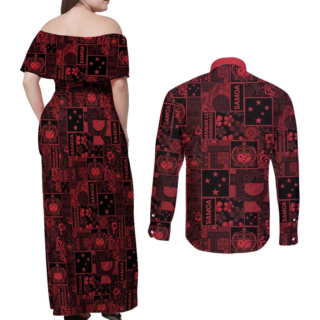 Dark Samoa Manuia Le Kerisimasi Couples Matching Off Shoulder Maxi Dress and Long Sleeve Button Shirt Pacific Patchwork Xmas Vibes LT9 - Polynesian Pride