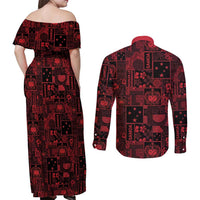 Dark Samoa Manuia Le Kerisimasi Couples Matching Off Shoulder Maxi Dress and Long Sleeve Button Shirt Pacific Patchwork Xmas Vibes LT9 - Polynesian Pride