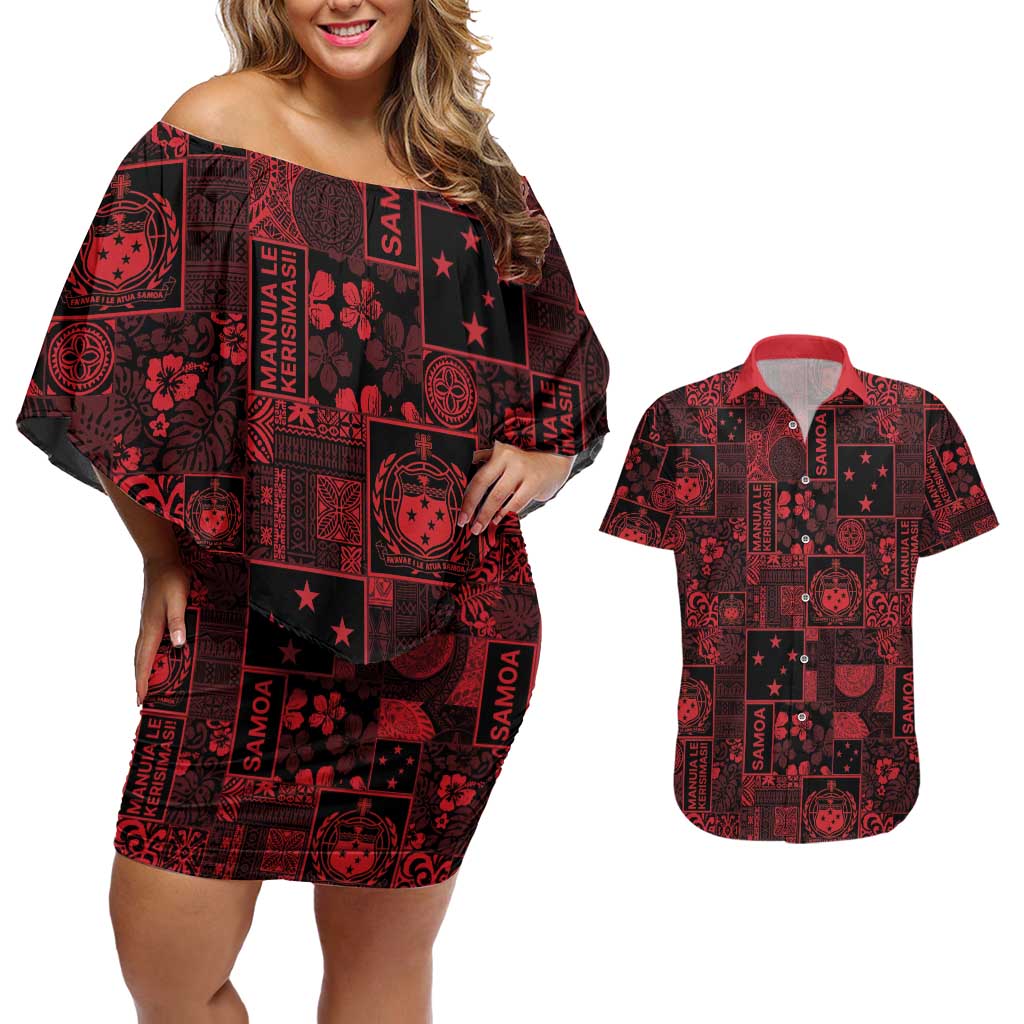 Dark Samoa Manuia Le Kerisimasi Couples Matching Off Shoulder Short Dress and Hawaiian Shirt Pacific Patchwork Xmas Vibes - Polynesian Pride