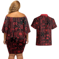 Dark Samoa Manuia Le Kerisimasi Couples Matching Off Shoulder Short Dress and Hawaiian Shirt Pacific Patchwork Xmas Vibes - Polynesian Pride