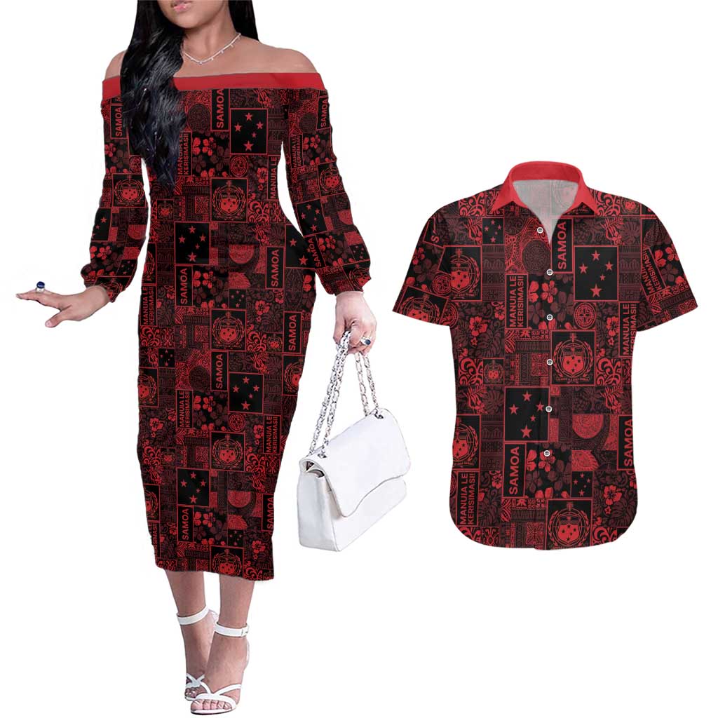 Dark Samoa Manuia Le Kerisimasi Couples Matching Off The Shoulder Long Sleeve Dress and Hawaiian Shirt Pacific Patchwork Xmas Vibes LT9 Red - Polynesian Pride
