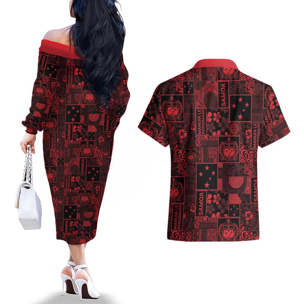 Dark Samoa Manuia Le Kerisimasi Couples Matching Off The Shoulder Long Sleeve Dress and Hawaiian Shirt Pacific Patchwork Xmas Vibes LT9 - Polynesian Pride