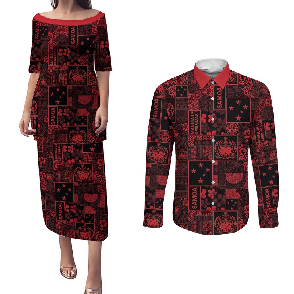 Dark Samoa Manuia Le Kerisimasi Couples Matching Puletasi and Long Sleeve Button Shirt Pacific Patchwork Xmas Vibes - Polynesian Pride