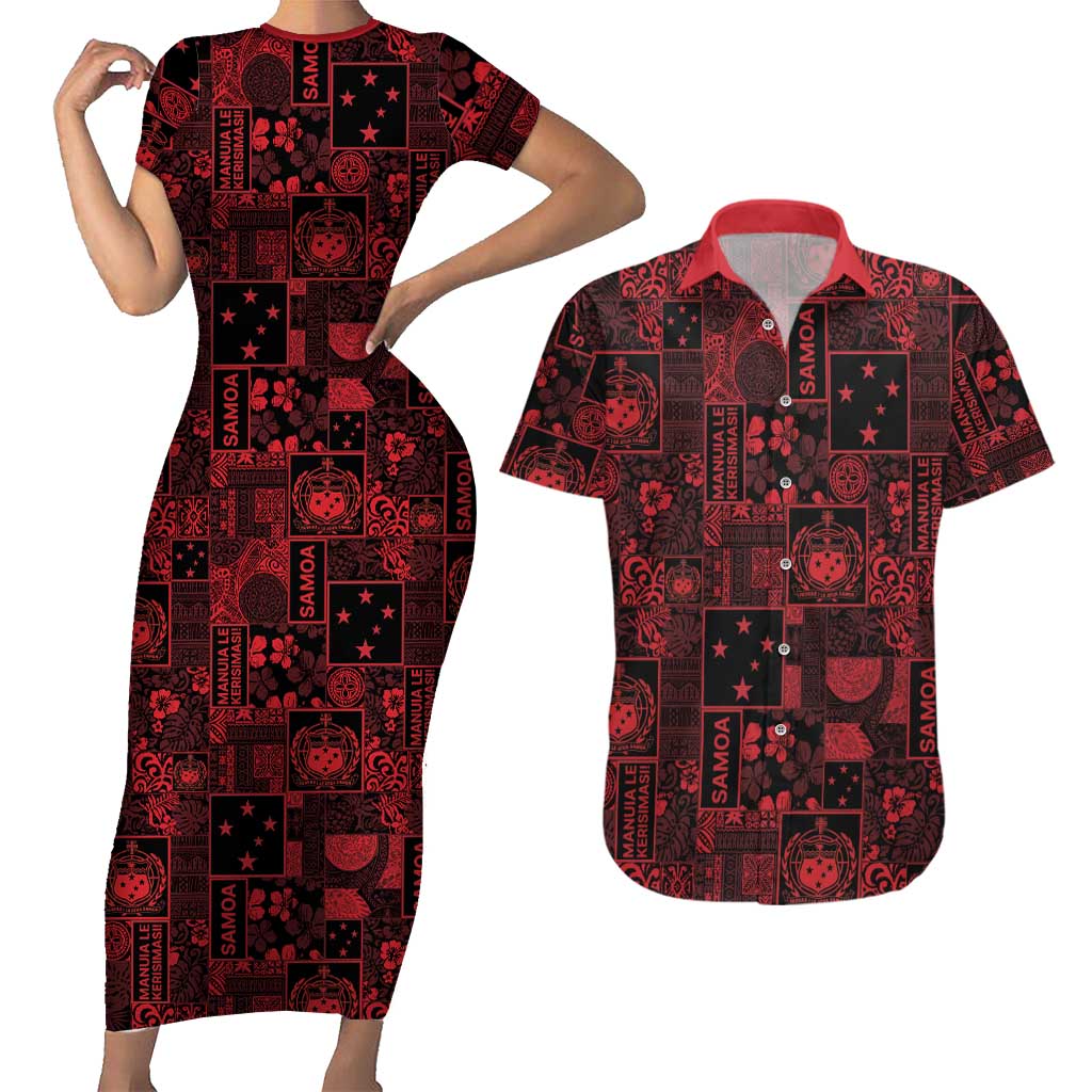 Dark Samoa Manuia Le Kerisimasi Couples Matching Short Sleeve Bodycon Dress and Hawaiian Shirt Pacific Patchwork Xmas Vibes - Polynesian Pride