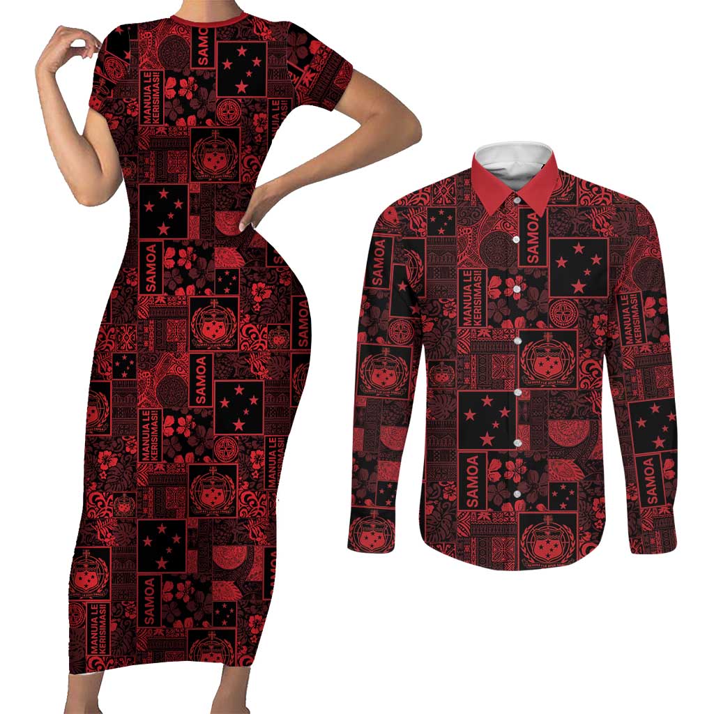 Dark Samoa Manuia Le Kerisimasi Couples Matching Short Sleeve Bodycon Dress and Long Sleeve Button Shirt Pacific Patchwork Xmas Vibes - Polynesian Pride