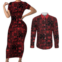 Dark Samoa Manuia Le Kerisimasi Couples Matching Short Sleeve Bodycon Dress and Long Sleeve Button Shirt Pacific Patchwork Xmas Vibes - Polynesian Pride