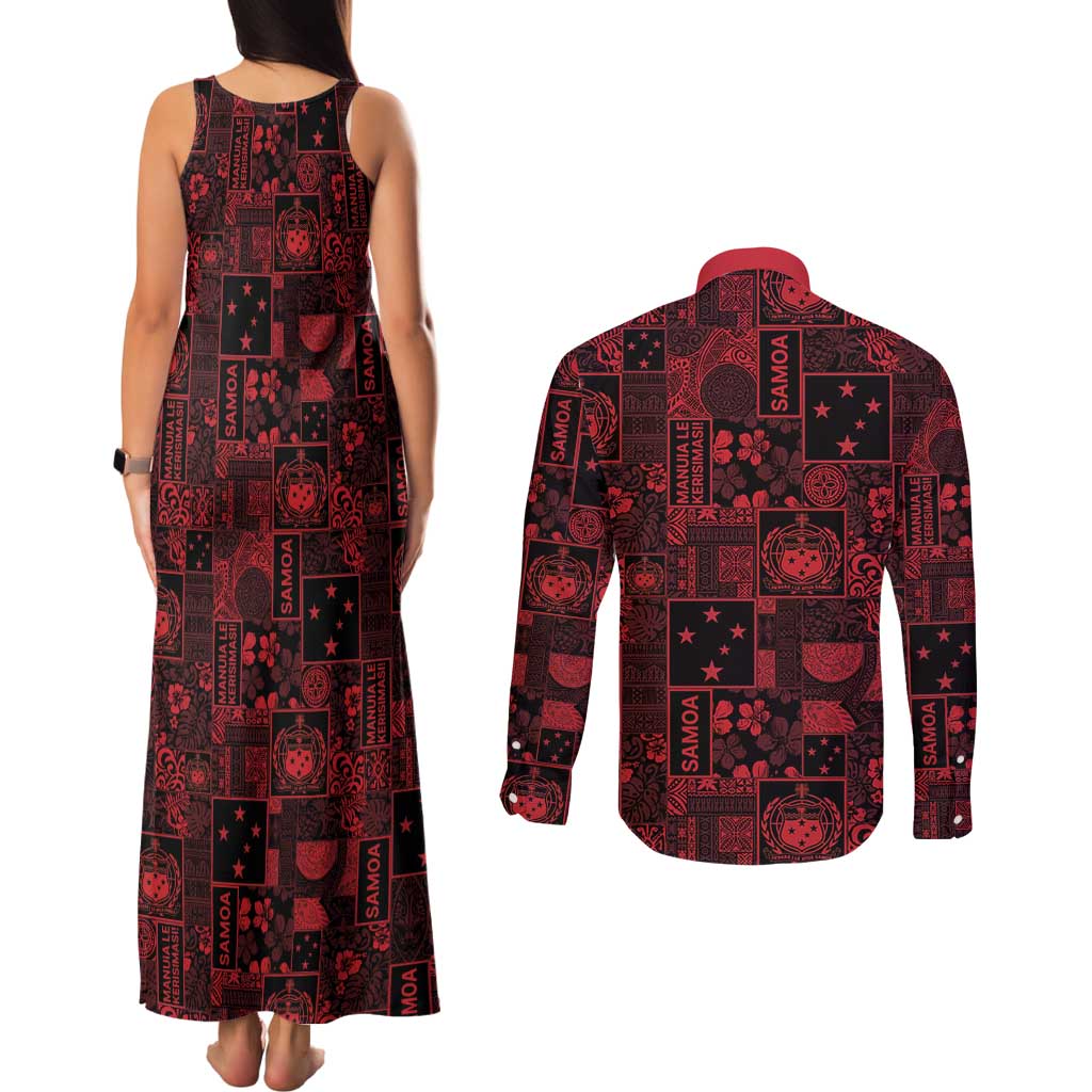 Dark Samoa Manuia Le Kerisimasi Couples Matching Tank Maxi Dress and Long Sleeve Button Shirt Pacific Patchwork Xmas Vibes - Polynesian Pride