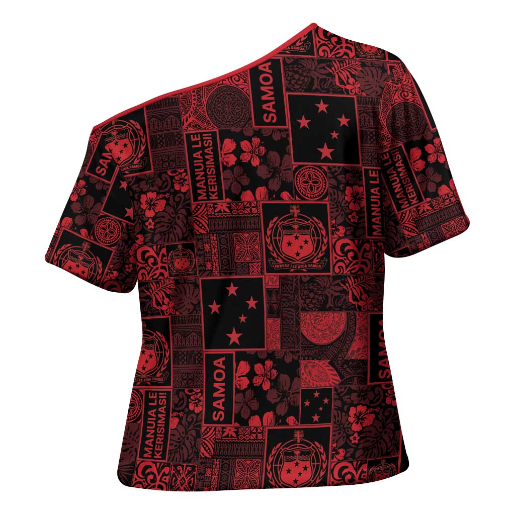 Dark Samoa Manuia Le Kerisimasi Cross Shoulder Shirt Pacific Patchwork Xmas Vibes - Polynesian Pride