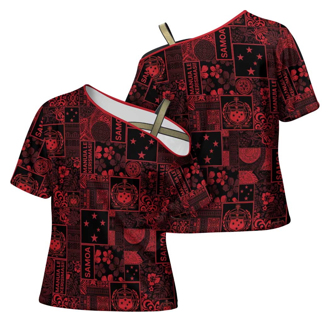 Dark Samoa Manuia Le Kerisimasi Cross Shoulder Shirt Pacific Patchwork Xmas Vibes - Polynesian Pride