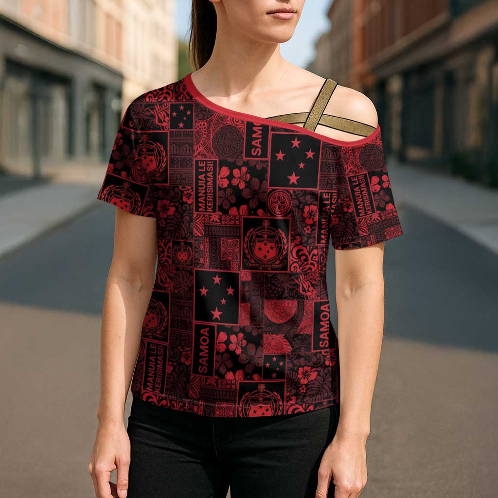 Dark Samoa Manuia Le Kerisimasi Cross Shoulder Shirt Pacific Patchwork Xmas Vibes - Polynesian Pride
