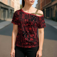 Dark Samoa Manuia Le Kerisimasi Cross Shoulder Shirt Pacific Patchwork Xmas Vibes - Polynesian Pride
