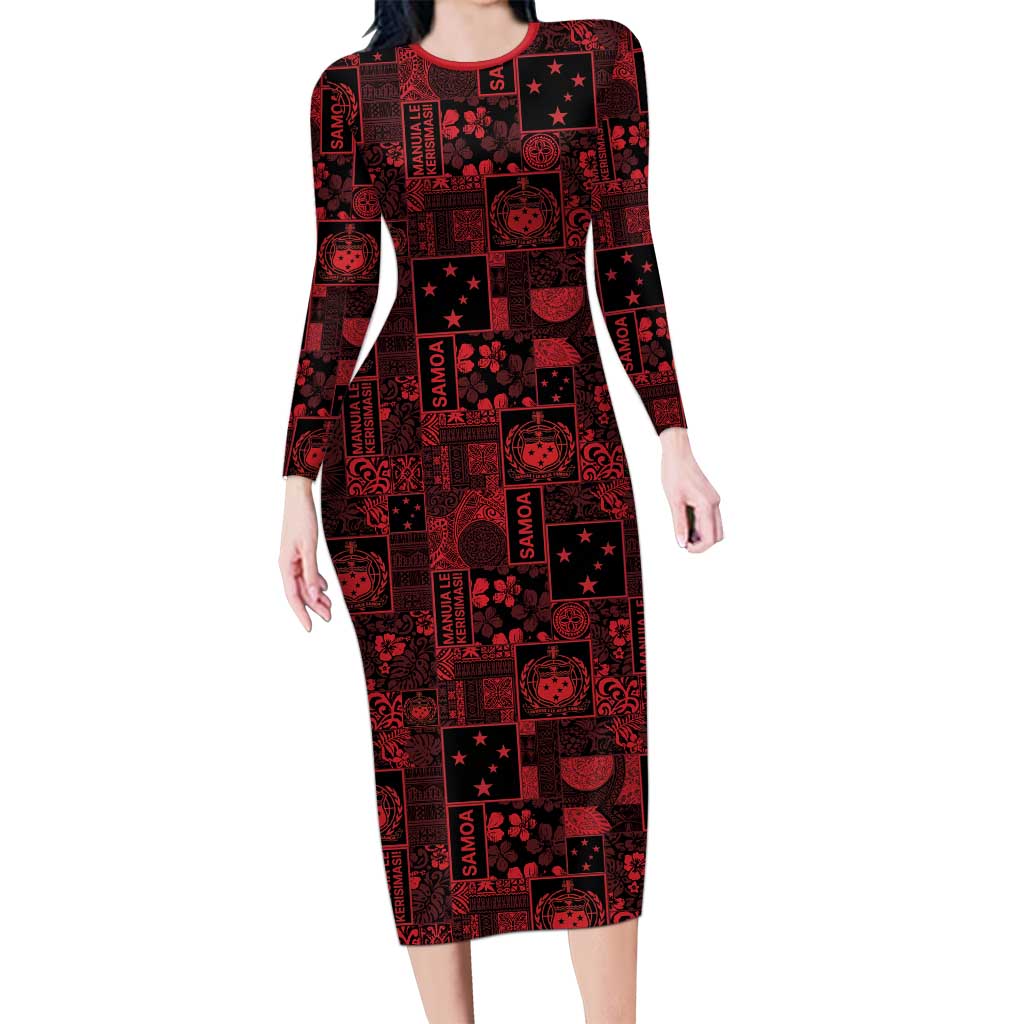 Dark Samoa Manuia Le Kerisimasi Family Matching Long Sleeve Bodycon Dress and Hawaiian Shirt Pacific Patchwork Xmas Vibes LT9 Mom's Dress Red - Polynesian Pride