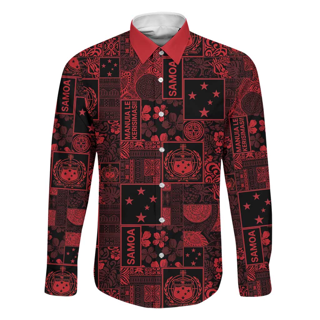 Dark Samoa Manuia Le Kerisimasi Family Matching Mermaid Dress and Hawaiian Shirt Pacific Patchwork Xmas Vibes LT9 Dad's Shirt - Long Sleeve Red - Polynesian Pride