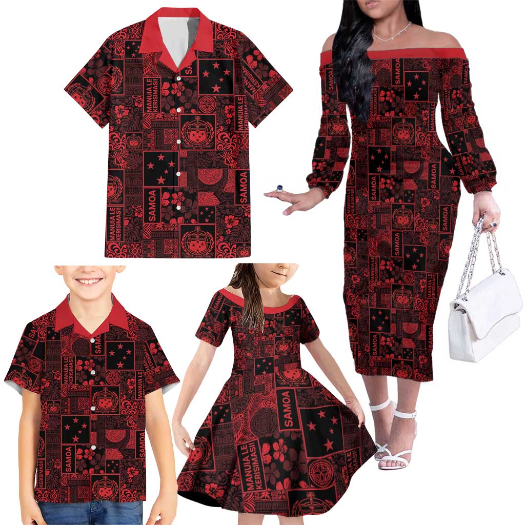 Dark Samoa Manuia Le Kerisimasi Family Matching Off The Shoulder Long Sleeve Dress and Hawaiian Shirt Pacific Patchwork Xmas Vibes LT9 - Polynesian Pride