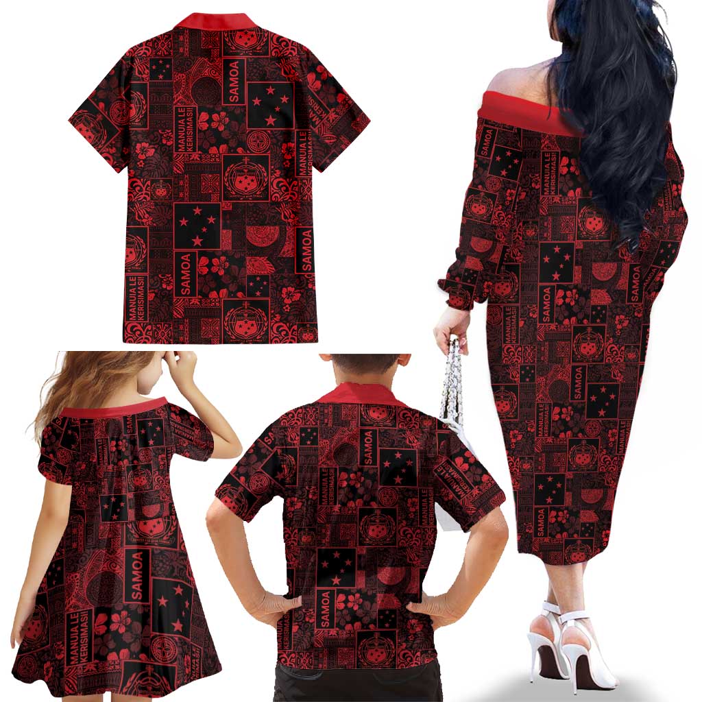 Dark Samoa Manuia Le Kerisimasi Family Matching Off The Shoulder Long Sleeve Dress and Hawaiian Shirt Pacific Patchwork Xmas Vibes LT9 - Polynesian Pride