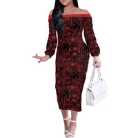 Dark Samoa Manuia Le Kerisimasi Family Matching Off The Shoulder Long Sleeve Dress and Hawaiian Shirt Pacific Patchwork Xmas Vibes LT9 Mom's Dress Red - Polynesian Pride