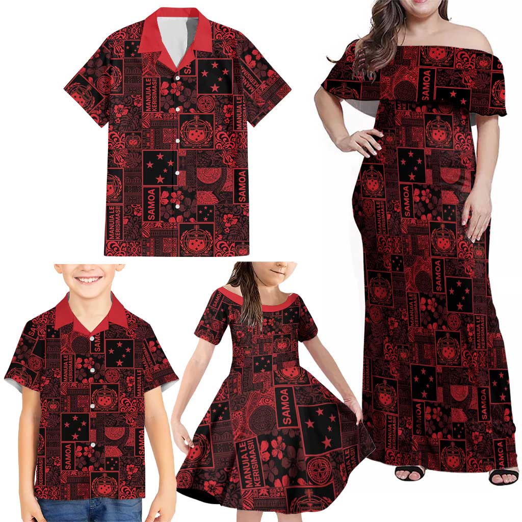 Dark Samoa Manuia Le Kerisimasi Family Matching Off Shoulder Maxi Dress and Hawaiian Shirt Pacific Patchwork Xmas Vibes - Polynesian Pride